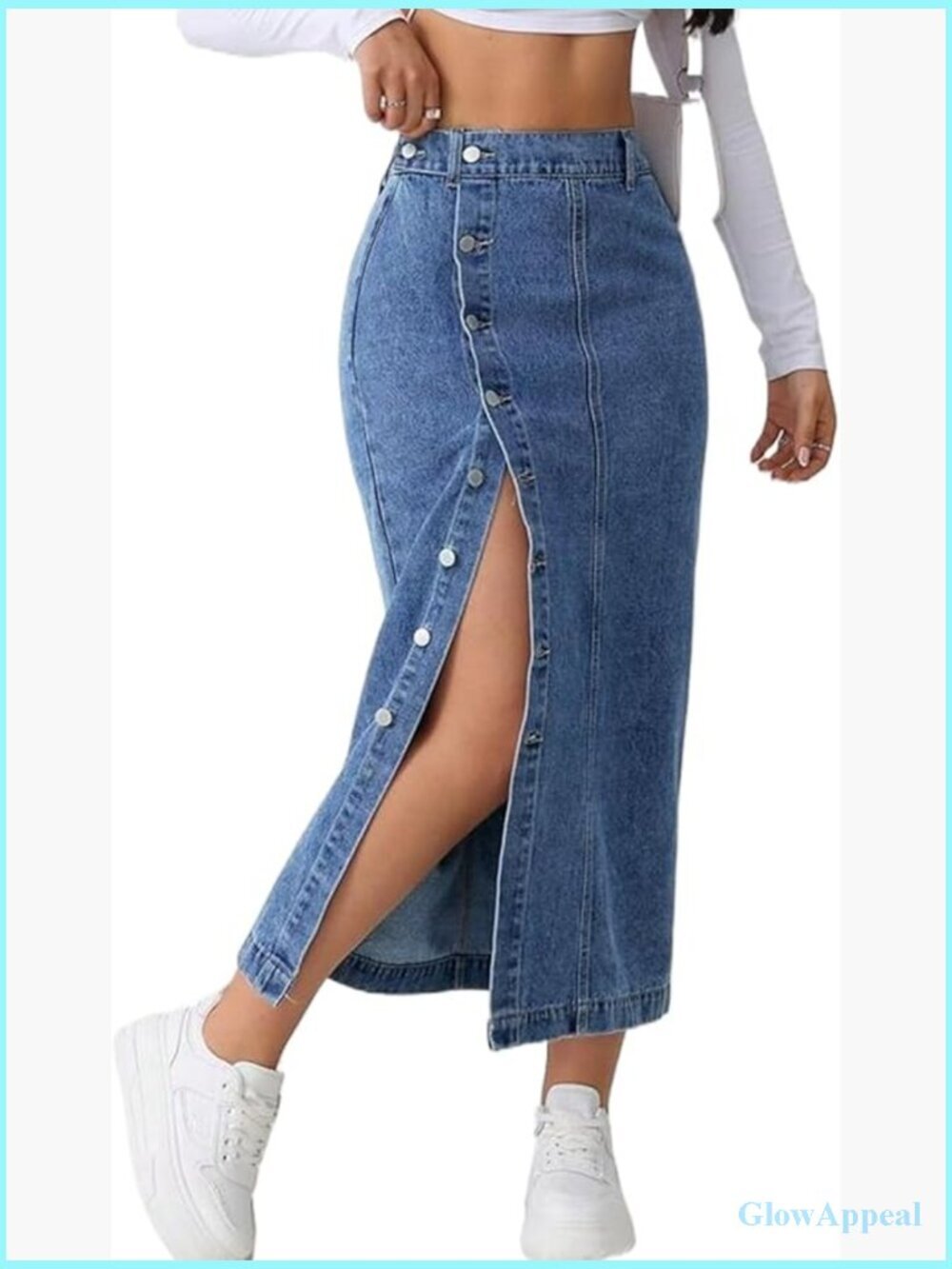 High Waisted Button Up Denim Midi Skirt with Side Slit and Pockets
